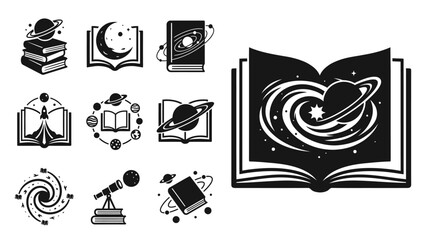 Open Book Galaxy Swirl Nebula Planet Rings Saturn Icon Set Astronomy Space Science © khami