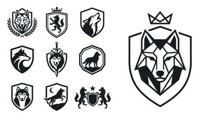 Obraz premium Wolf Crests and Shields Vector Icons: Modern Geometric and Classic Heraldic Designs