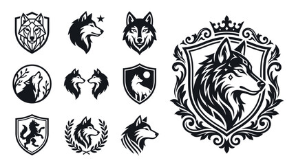 Obraz premium Wolf Emblems and Icons Set - Heraldic Crests, Tribal Designs, and Stylized Animal Art