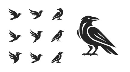 Obraz premium Crow Silhouette Collection: Flying and Perching Birds, Vector Icons