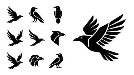 Obraz premium Black Silhouette Bird Icons: Flying Crows, Ravens, Eagle Head - Vector Set