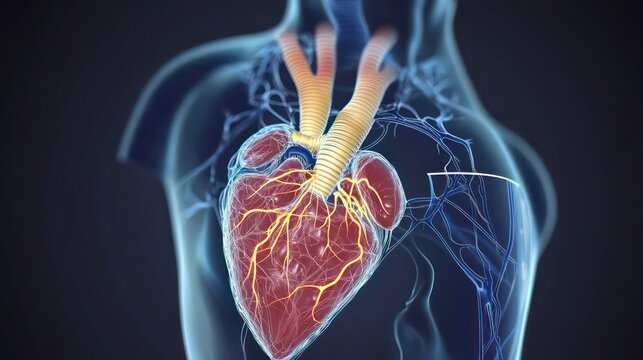 3D render of a human heart showing arteries and veins.