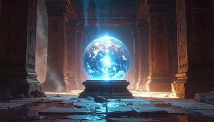 Glowing orb within ancient architecture creating a sense of mystery and wonder