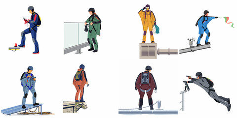 Collection of BASE Jumpers and Wingsuit Flyers in Various Gear and Settings preparing for Extreme Sport Activities © Sri