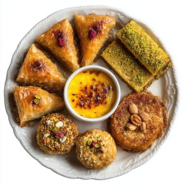 dessert plate with assorted baklava zoolbia and bamie isolated on a white background