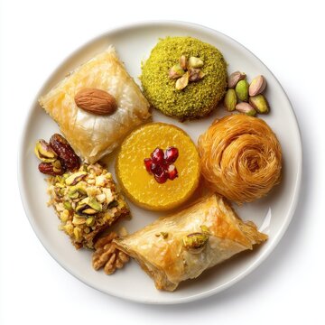 dessert assortment including baklava zoolbia saffron  isolated on a white background