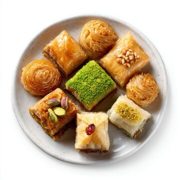 Persian dessert plate with assorted baklava zoolbia and bamie isolated on a white background