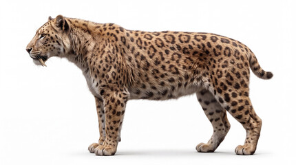 Naklejka premium Smilodon fatalis in full side view standing pose, highly realistic prehistoric reconstruction, isolated on white background, soft studio lighting, detailed anatomy and fur texture.