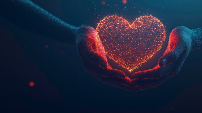 Two hands made of connected dots hold a glowing heart made of connected dots against a dark blue background.