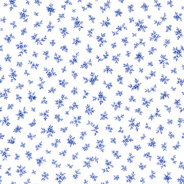 seamless floral pattern, medieval background, watercolor hand painted illustration, blue flowers and leaves, delft, indigo, vintage botanical wallpaper