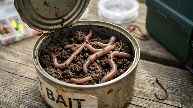 A collection of live earthworms crawls inside an open metal can filled with dark soil, ready to be used as fishing bait