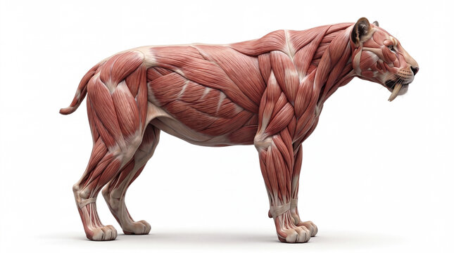 Smilodon fatalis shown in a muscular anatomical view, highly realistic prehistoric reconstruction emphasizing powerful body structure, isolated on white background.