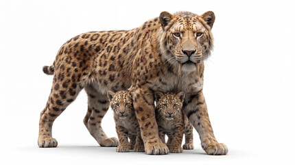 Naklejka premium Smilodon fatalis protecting its cubs in a defensive posture, highly realistic prehistoric reconstruction, isolated on white background, studio lighting.