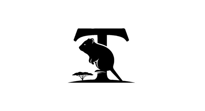 Black and white illustration of a rat under letter T.