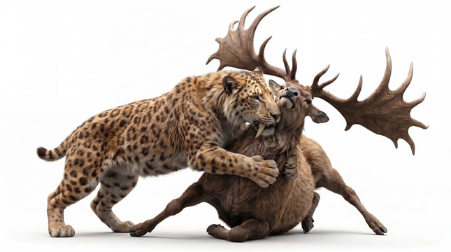 Smilodon fatalis attacking a Megaloceros, realistic 3D reconstruction of a saber-toothed cat ambushing a giant deer in an intense prehistoric hunting scene on a clean white background. The Smilodon lu