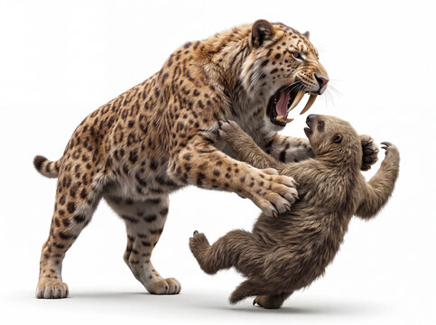 Smilodon fatalis attacking a young giant sloth, realistic 3D reconstruction of a saber-toothed cat ambushing a juvenile giant ground sloth in a dramatic prehistoric hunting scene on a clean white back