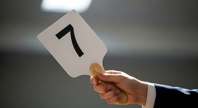Person Holding Number Seven Bidding Paddle During a Live Auction Sale