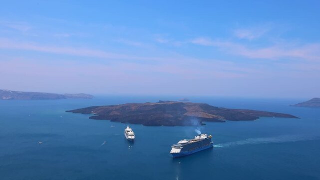 Majestic Cruise Ships Sailing on Deep Blue Aegean Sea Towards Santorini's Volcanic Caldera Under