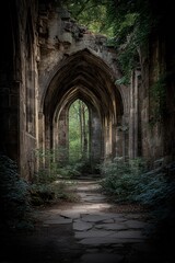 Naklejka premium Fantasy wallpaper. Temple. A moody, atmospheric photograph of an old, weathered stone archway in a forest. The archway features intricate carvings and is surrounded by lush greenery.