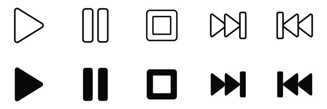 Media player control button icons. Vector outline and solid play, pause, stop, fast forward, and rewind symbols for UI.