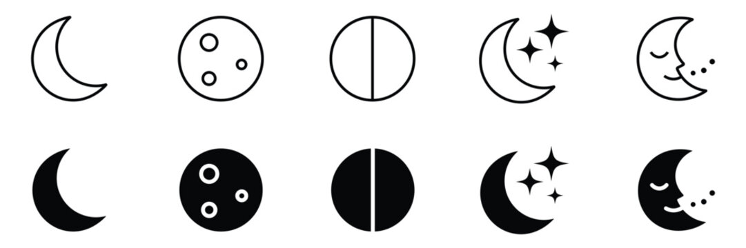 Moon phases and night weather icon set. Outline and glyph style crescent moon, full moon, half moon, and sleeping moon symbols.