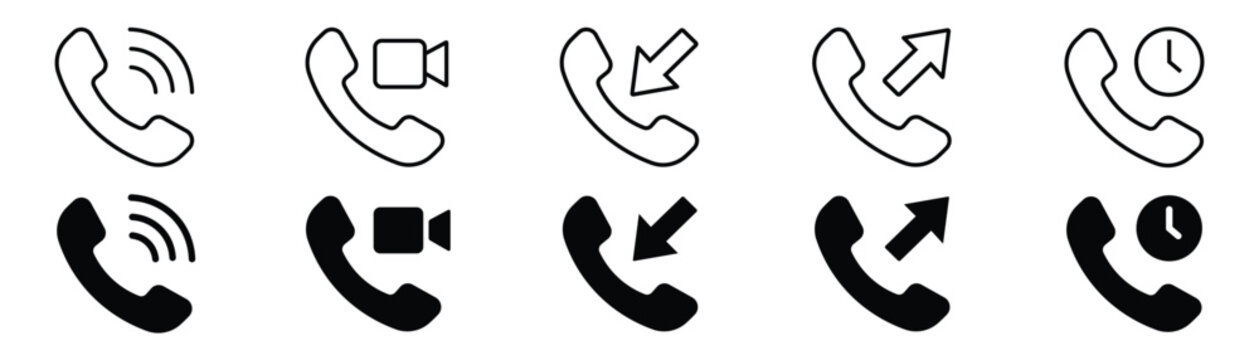 Phone call line and solid icon set. Communication, incoming, outgoing, missed, and video call vector symbols for UI design.