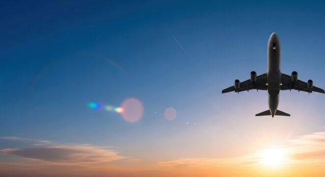 Commercial Jet Airliner Flying Overhead Against a Beautiful Sunset Sky with Bright Sun Flare