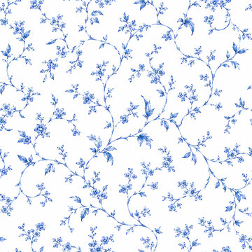 seamless floral pattern, medieval background, watercolor hand painted illustration, blue flowers and leaves, delft, indigo, vintage botanical wallpaper
