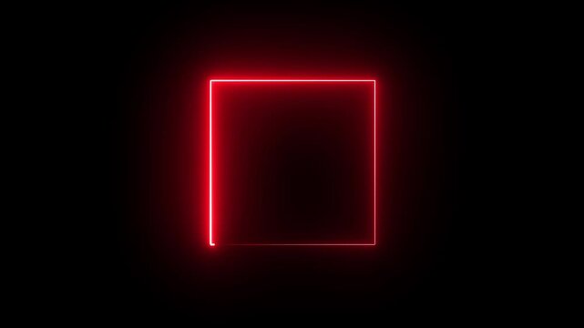 Red neon square frame glowing on black background video.