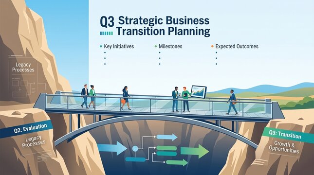 Team planning business transition across a bridge over a chasm