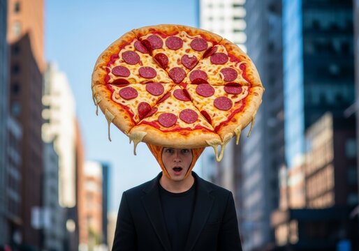 Man wearing giant pizza hat standing on city street. Surprised guy in food costume outdoors. Funny advertising concept for restaurant, catering service or fast food delivery promotion.