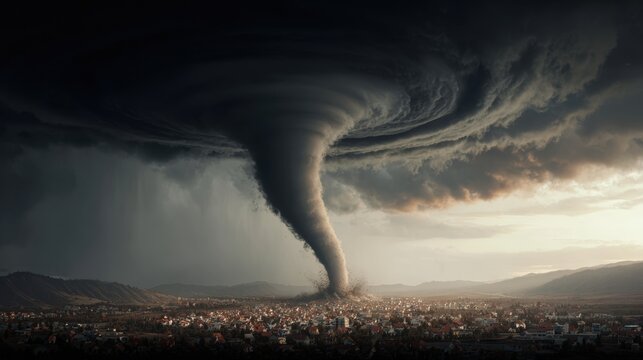 Tornado, twister, weather, natural disaster. A dramatic depiction of a tornado striking over a densely populated town. The tornados powerful, swirling cloud formation is the central focus.