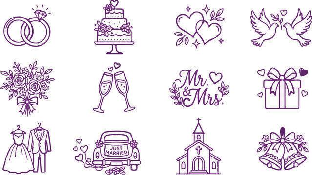 Wedding icons, purple line art, engagement symbols, marriage illustrations, 12 pcs