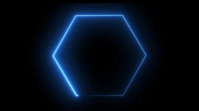 Blue neon hexagon frame animation on dark black background.