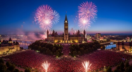Naklejka premium Spectacular Canada Day fireworks illuminate Parliament Hill in Ottawa.