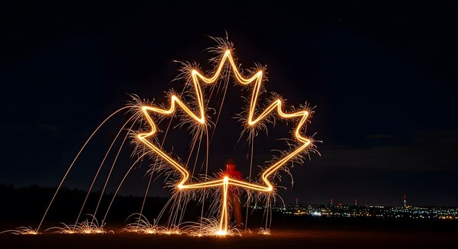 Sparkler art in the shape of a Canadian maple leaf at night.