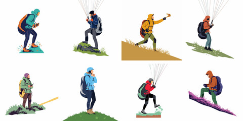 Collection of flat vector illustrations depicting paragliders in various outdoor poses, from preparation to mountain-side takeoff and landing positions. © Sri