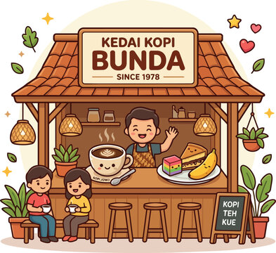 Charming Indonesian Coffee Shop Illustration Happy Family Enjoying Kopi Jowo and Snacks at Kedai Kopi Bunda characters tracing digital aesthetics