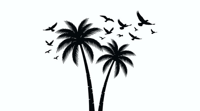 set of palm trees and sunrise vector silhouette. tropical landscape  mountains black