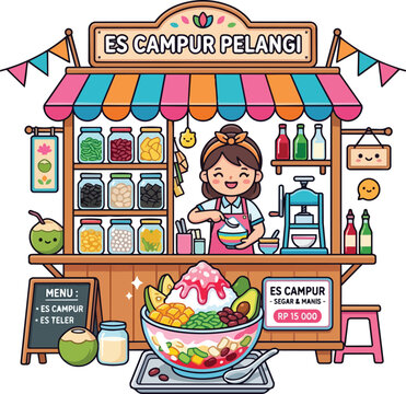 Cheerful Indonesian Es Campur Street Food Vendor Vector Illustration with Fresh Tropical Fruits and Colorful Drinks cart woman smiling apron