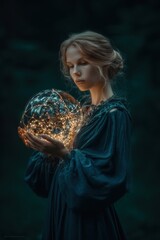 Fototapeta premium Fantasy wallpaper. A portrait of a woman, captured in a moody, atmospheric style. She wears a dark, flowing blue dress with intricate lace detailing. Her hair is styled in an updo.