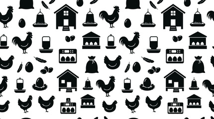 Farmyard pattern featuring chickens, roosters and barns in a repeating silhouette design. © pixmastock
