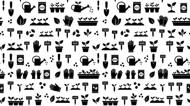 Pattern of nature icons featuring plants, leaves, trees, flowers and botanical symbols in a monochrome design.