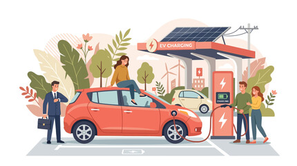 Naklejka premium Solar-Powered EV Charging Station Wind Turbines Flat Illustration Renewable Energy