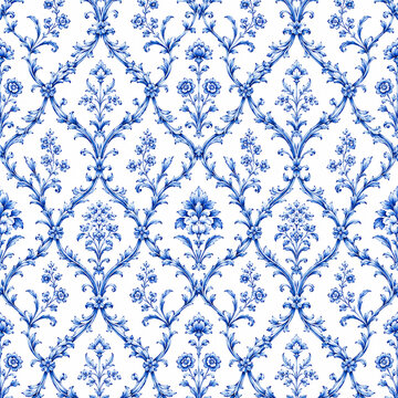 seamless floral pattern, medieval background, watercolor hand painted illustration, blue flowers and leaves, delft, indigo, vintage botanical wallpaper