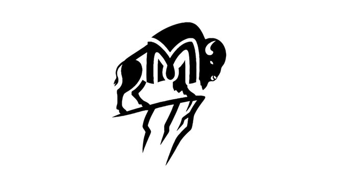 Black and white bison logo design with mountain silhouette.