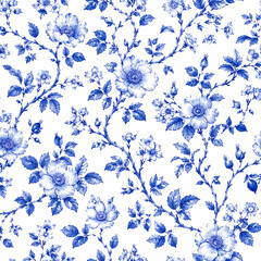 seamless floral pattern, medieval background, watercolor hand painted illustration, blue flowers and leaves, delft, indigo, vintage botanical wallpaper © Mohamed Salem