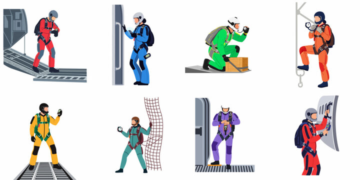Set of flat illustrations of skydivers and paratroopers in colorful jumpsuits preparing for a jump from an aircraft door with various equipment.