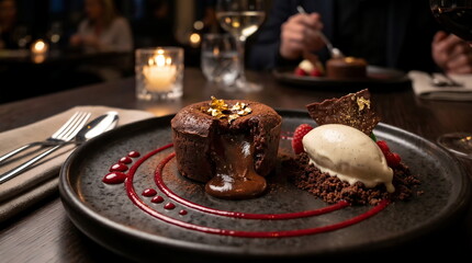Fototapeta premium Chocolate petit gateau with guava jelly and vanilla ice cream served on a plate.