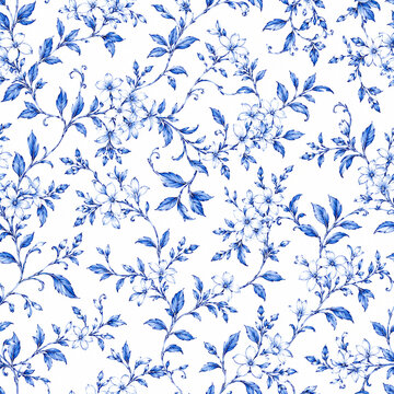 seamless floral pattern, medieval background, watercolor hand painted illustration, blue flowers and leaves, delft, indigo, vintage botanical wallpaper